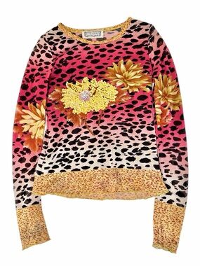 Vintage Y2K Kokomo Leopard Floral Mesh Top Sequin Flower Euro Sheer Small
